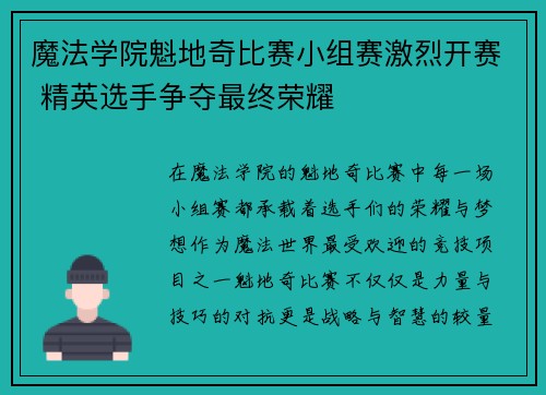 魔法学院魁地奇比赛小组赛激烈开赛 精英选手争夺最终荣耀