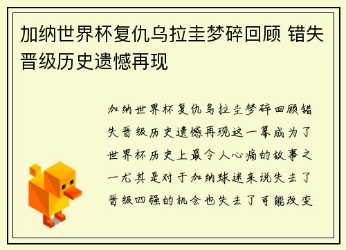 加纳世界杯复仇乌拉圭梦碎回顾 错失晋级历史遗憾再现